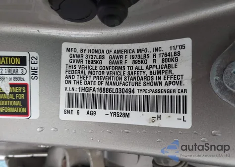 2006 Honda Civic Ex из США, поврежденный, VIN 1HGFA16886L030494